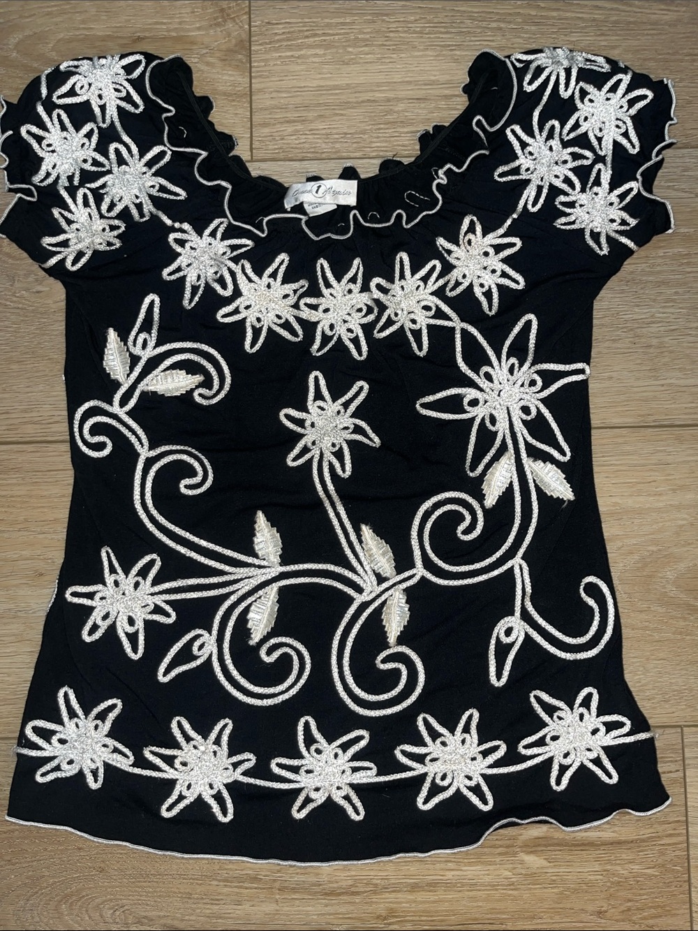 🔥Black Tunic Top with White Floral Embroidery - off the shoulder by Once Again